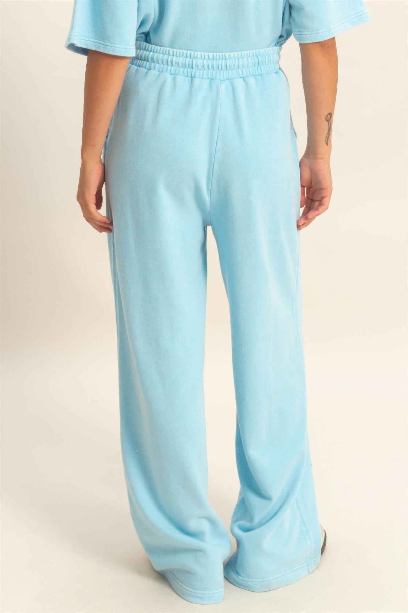 Acid Wash French Terry Wide-leg Pants - Side-seam Pockets