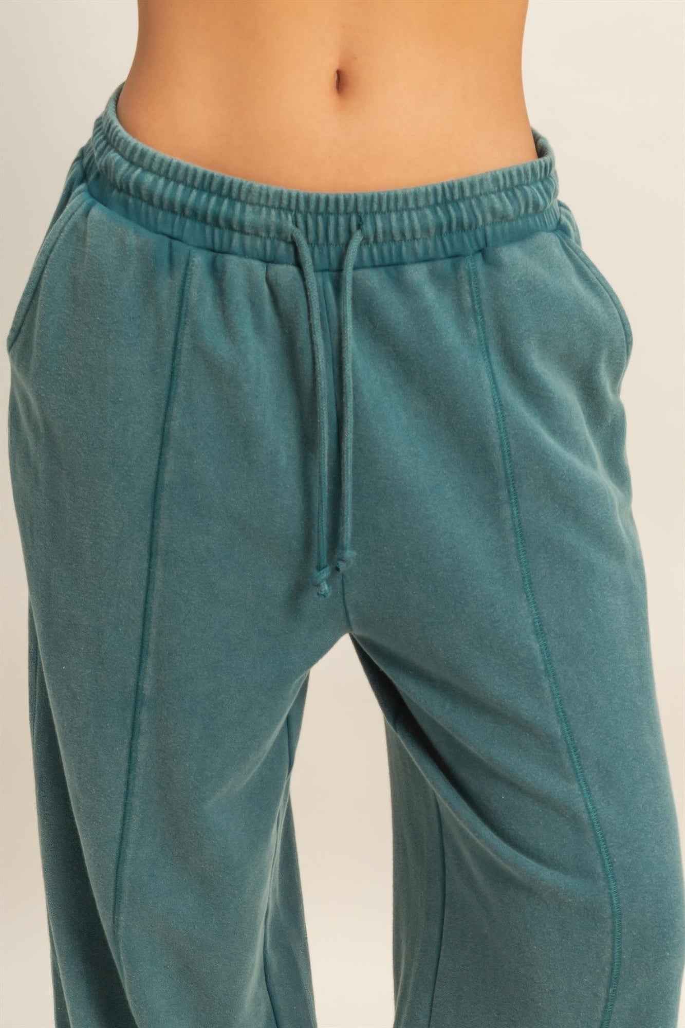 Acid Wash French Terry Wide-leg Pants - Side-seam Pockets