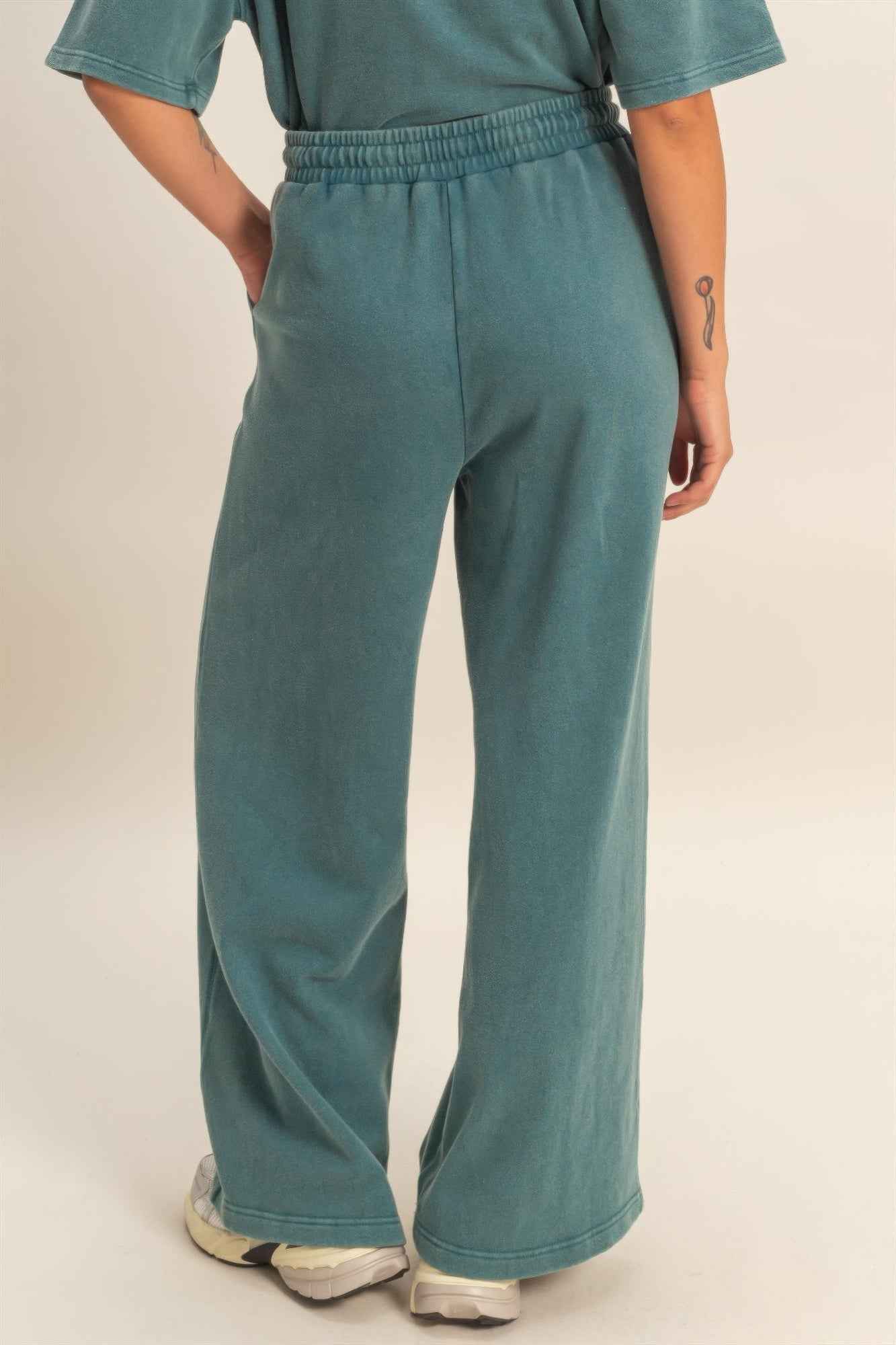 Acid Wash French Terry Wide-leg Pants - Side-seam Pockets