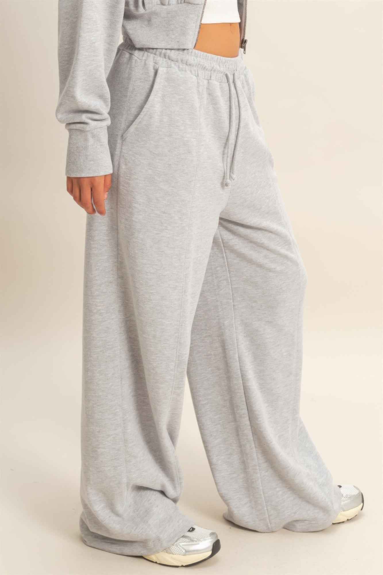 Acid Wash French Terry Wide-leg Pants - Side-seam Pockets