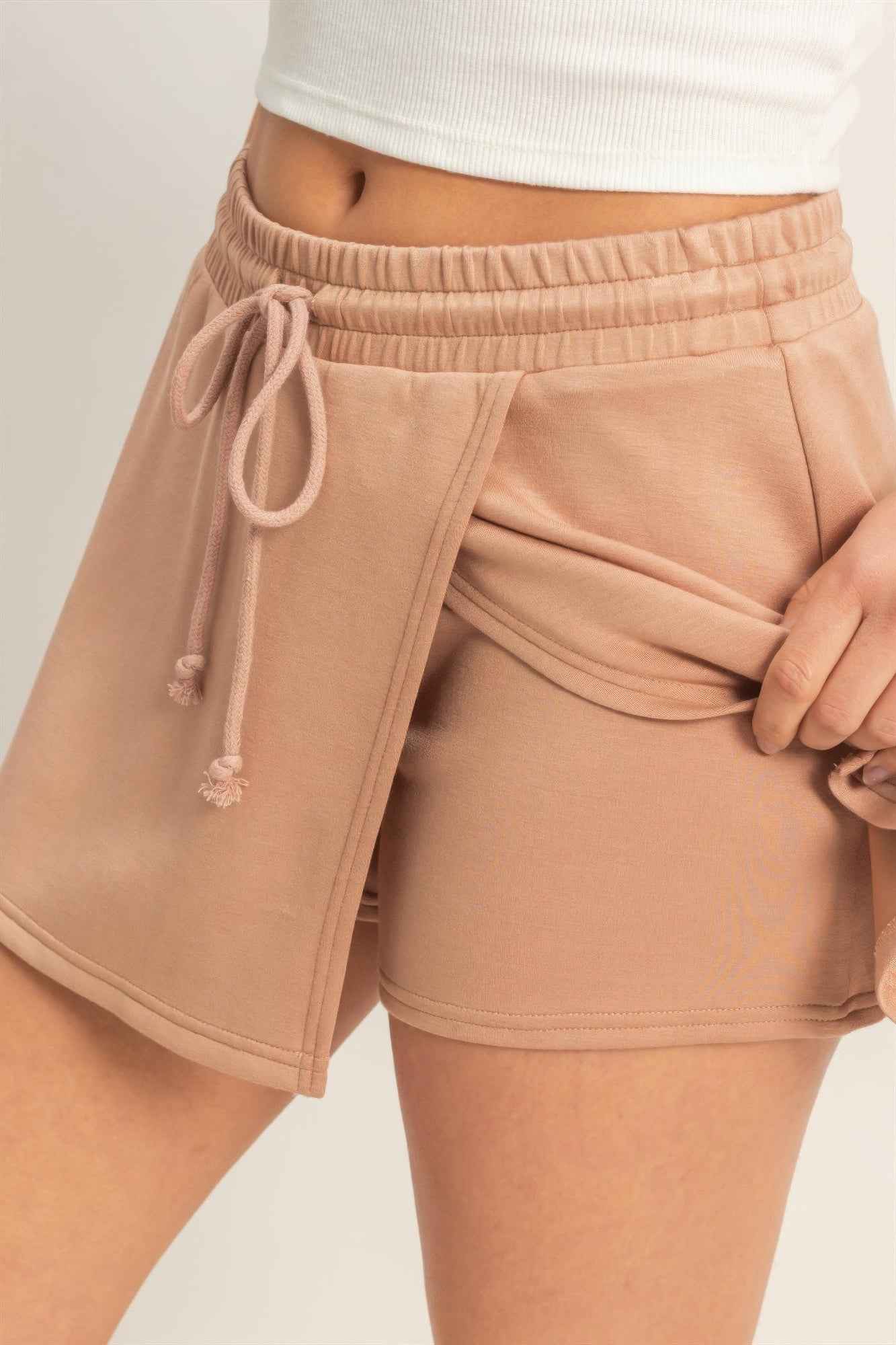 Wrap Front Elastic Waist Skort - Overlapping Wrap Front