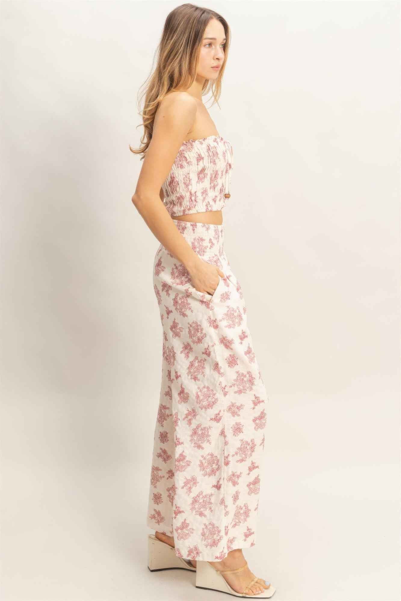 Wide Leg Pants Set - Tied Smocked Tube Top