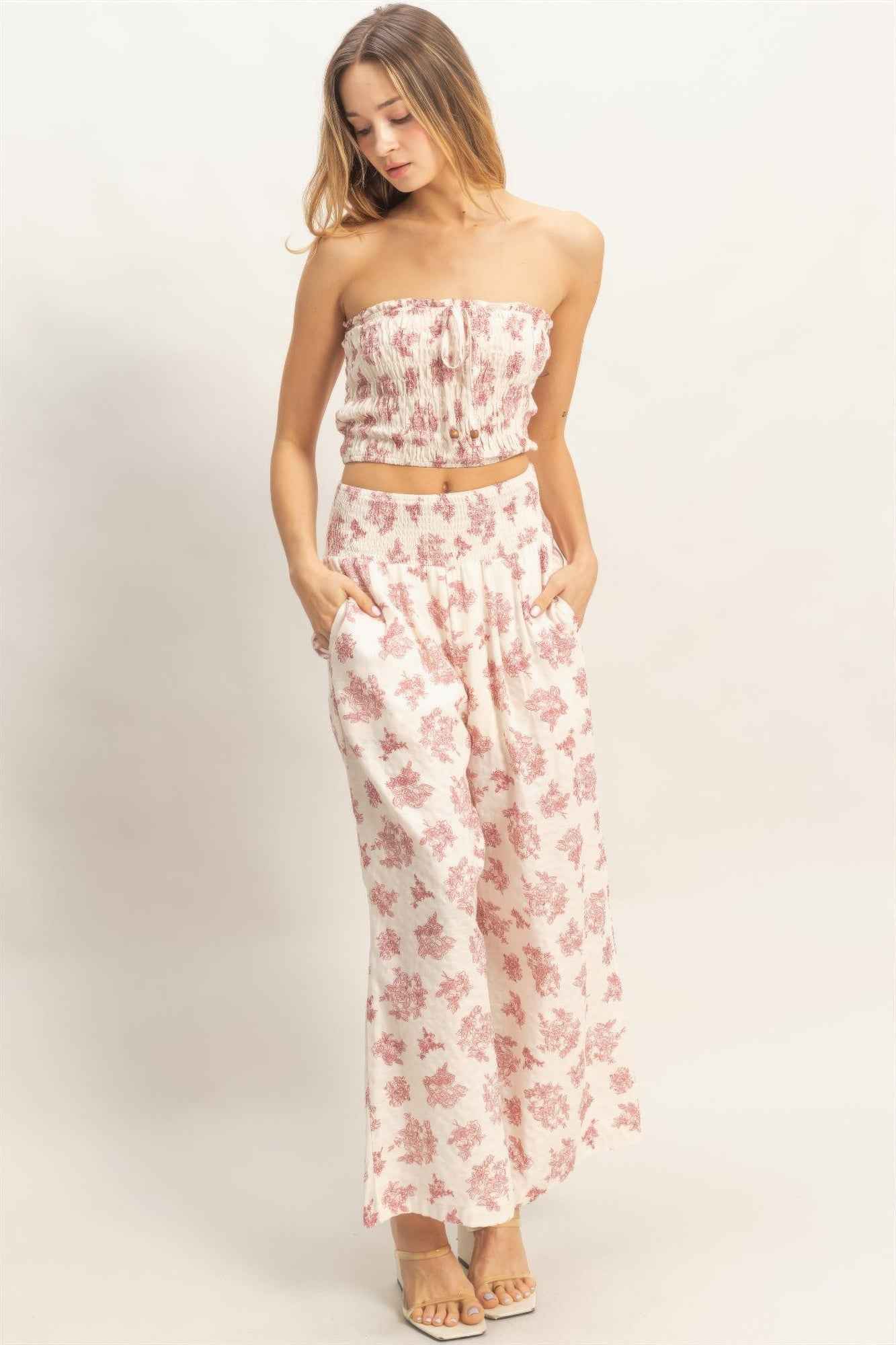Wide Leg Pants Set - Tied Smocked Tube Top