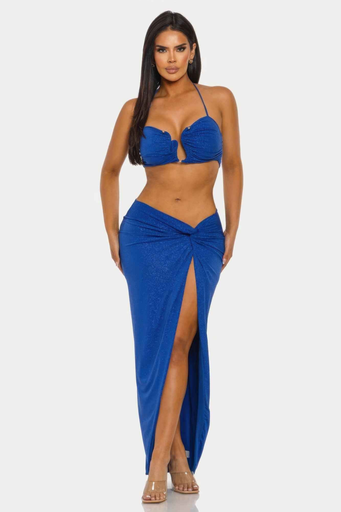 Halter Crop Top Maxi Skirt Set - Keyhole Cutout Shimmer Two Piece