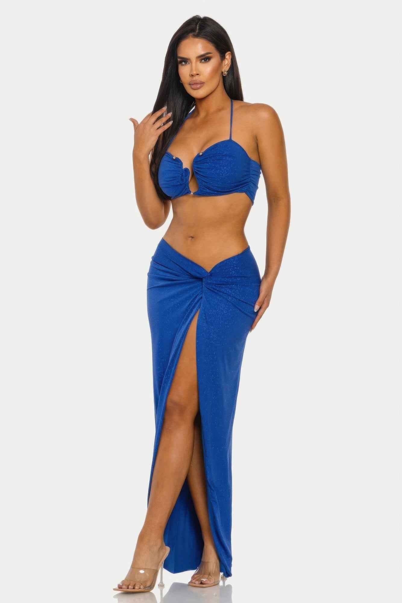 Halter Crop Top Maxi Skirt Set - Keyhole Cutout Shimmer Two Piece