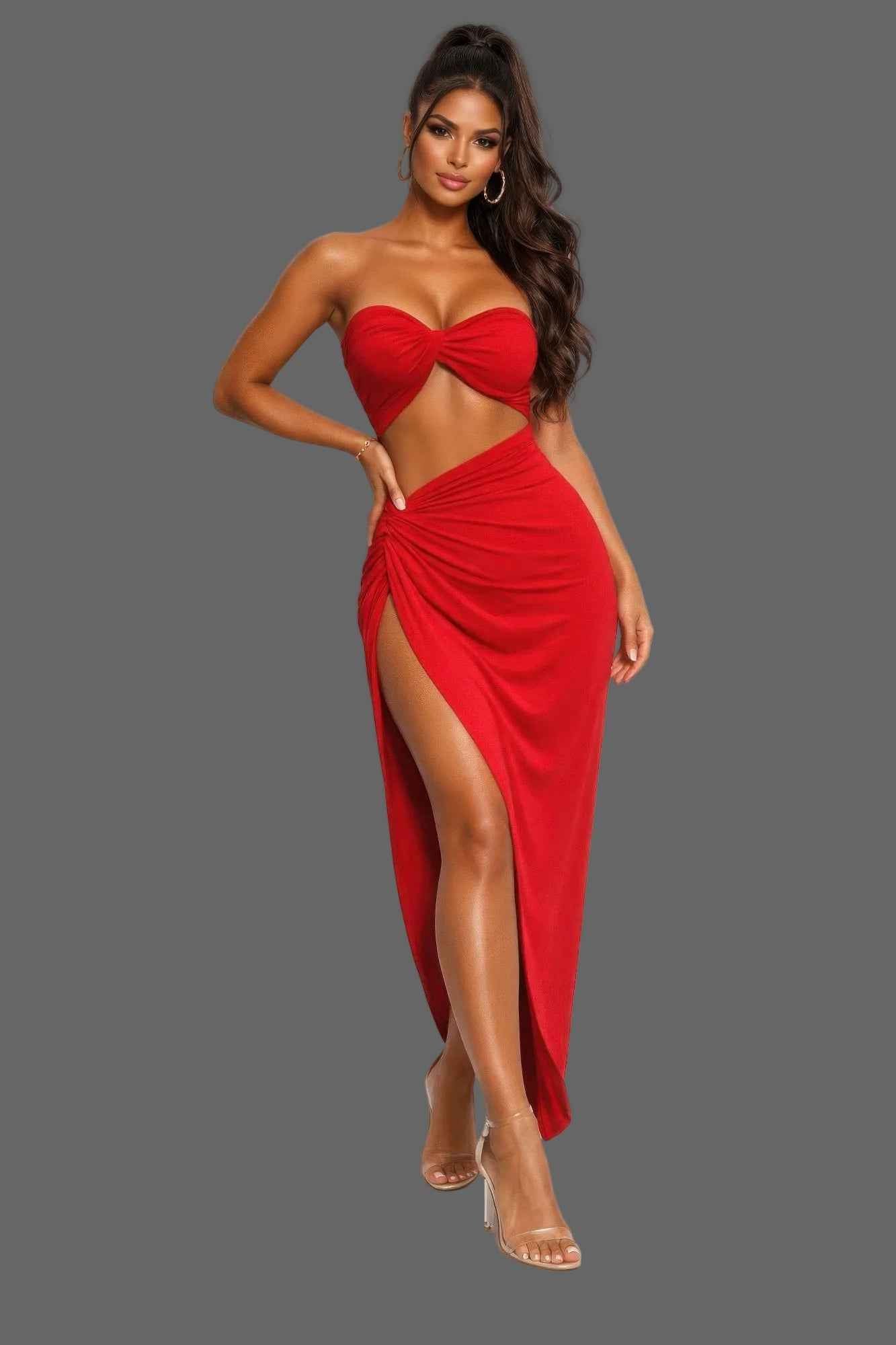 Multiway Strap Cutout Dress - High Slit Gathered Hip Maxi