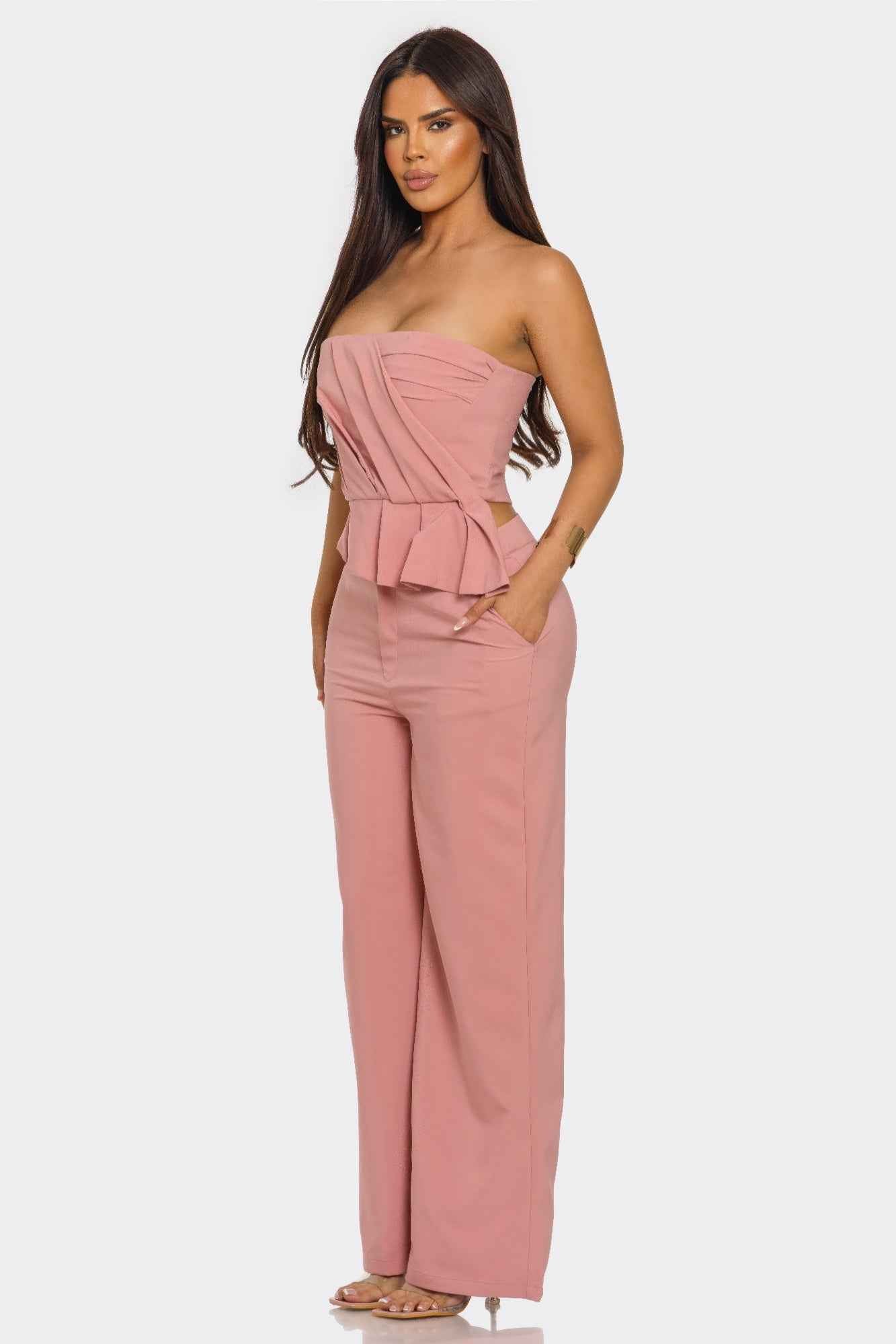 Strapless Peplum Top Set - Wide Leg Trouser Pleated Two Piece