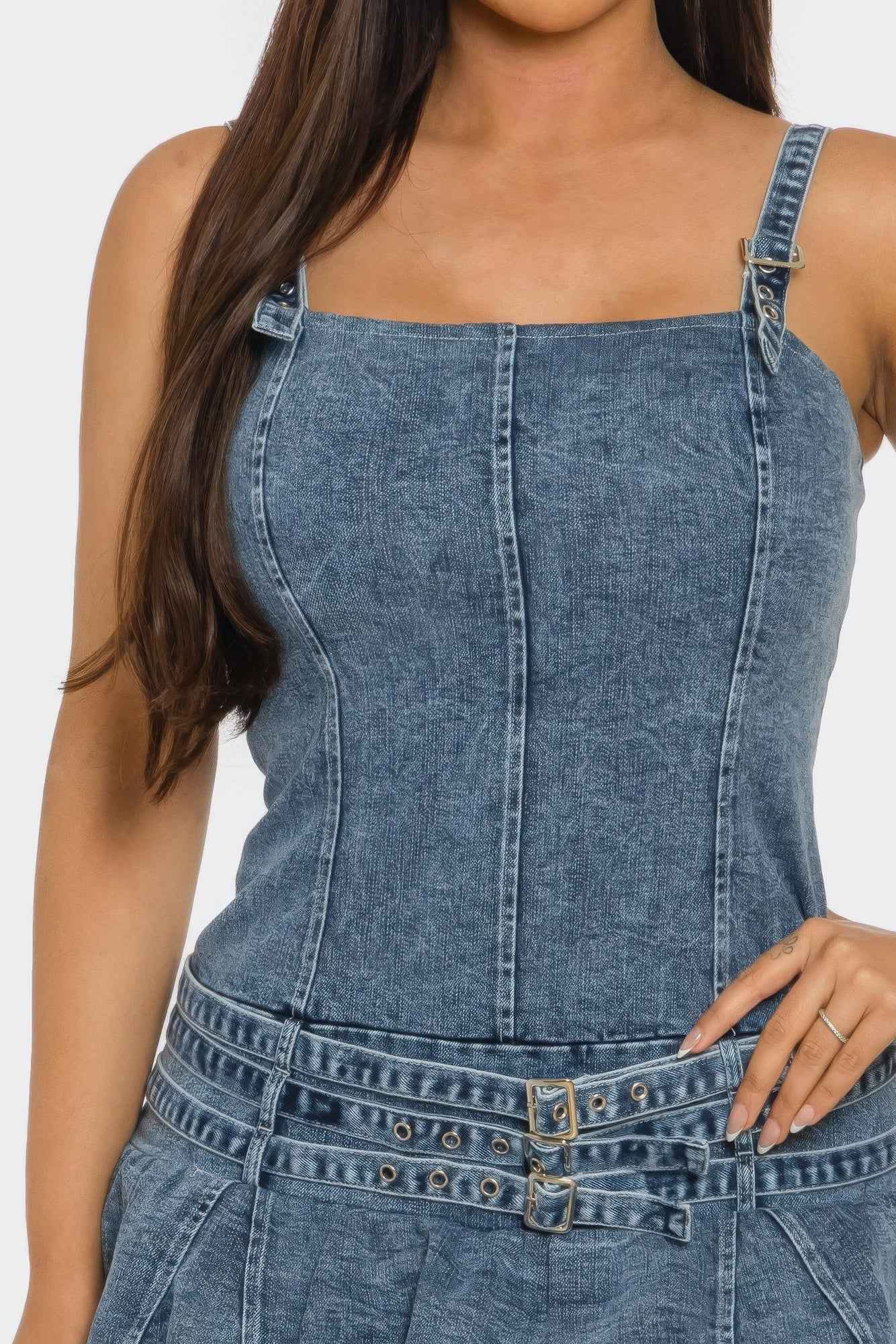 Denim Romper Dress - Ruffle Overlay Belted Mini Skirt