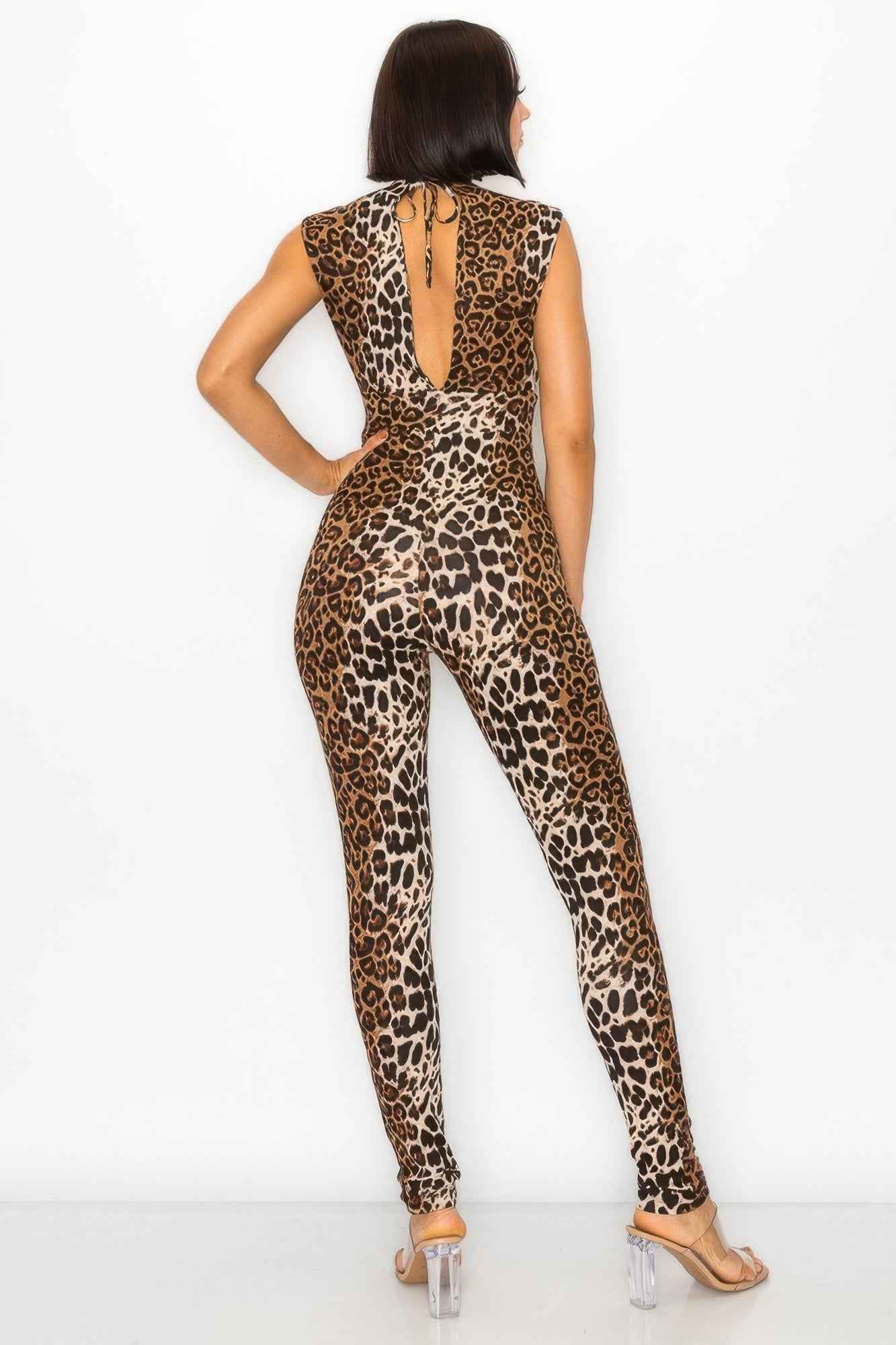 Animal Print Jumpsuit - Long Sleeve Open Side Cutout