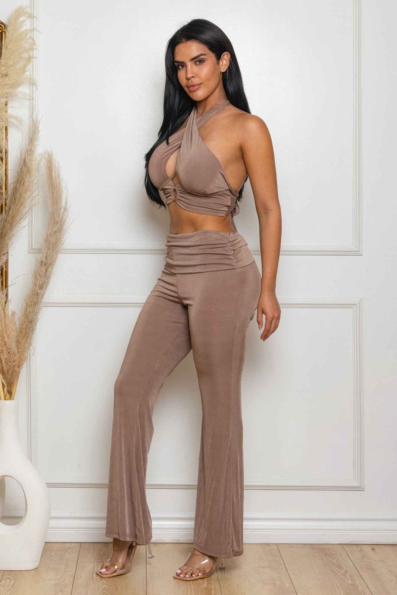 Criss Cross Halter Set - Mocha Ring Detail Flare Pants