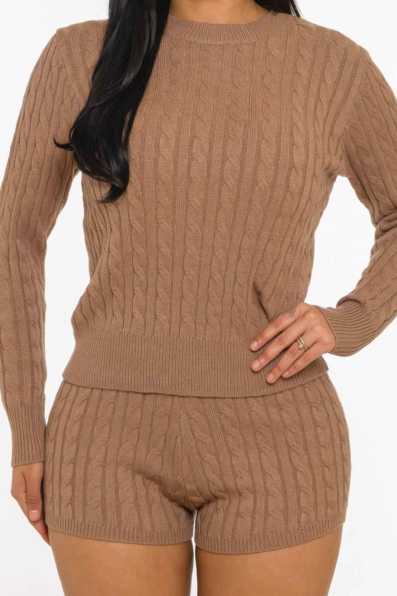 Cable Knit Shorts Set - Crop Top Lounge Two Piece