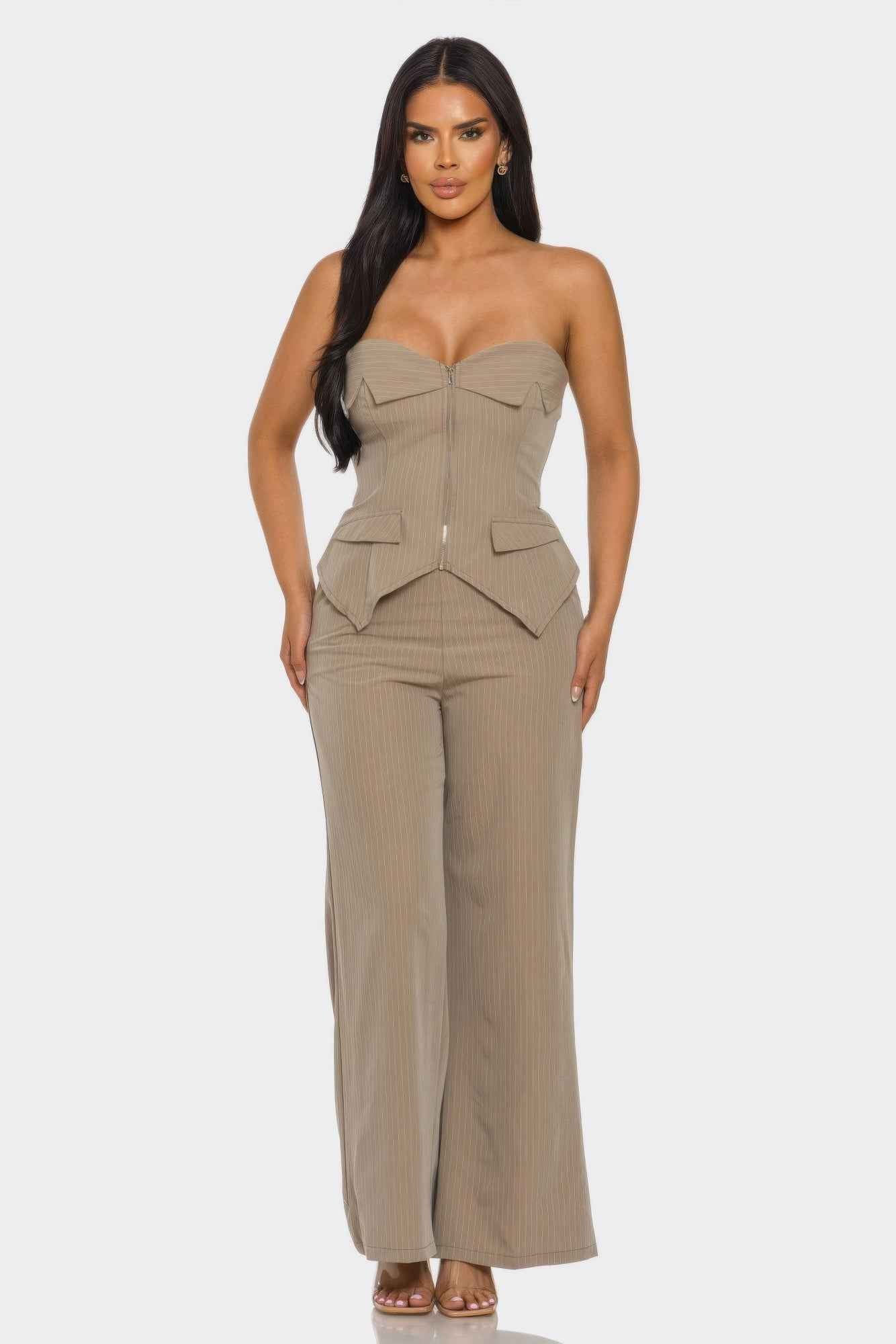 Strapless Corset Set - Lace Up Back Wide Leg Pants