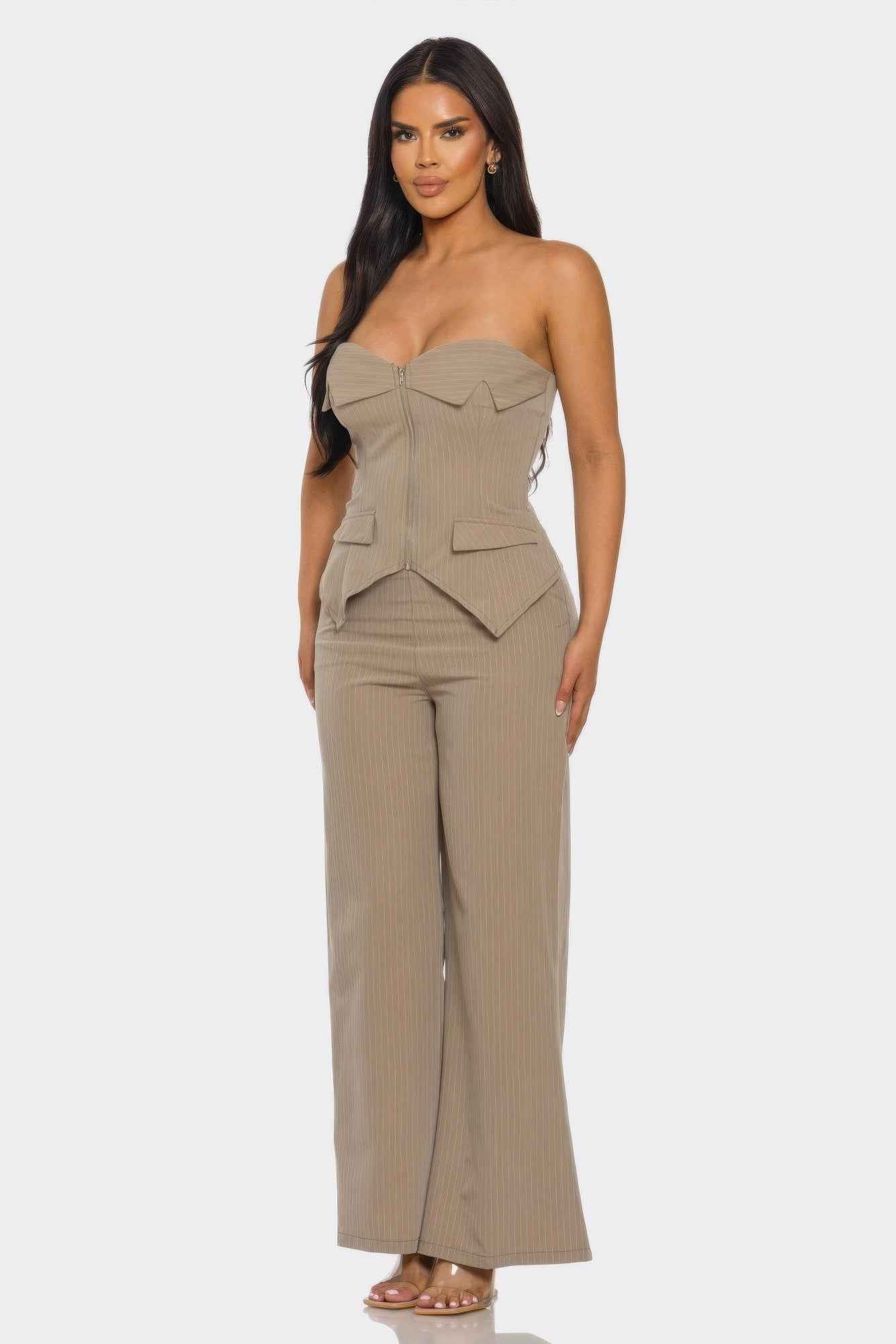 Strapless Corset Set - Lace Up Back Wide Leg Pants