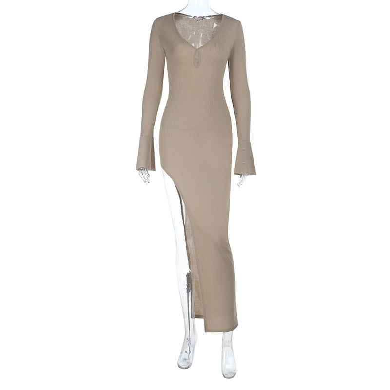 High-Slit Bodycon Maxi Dress - Elegant Hollow Leaf Sleeve