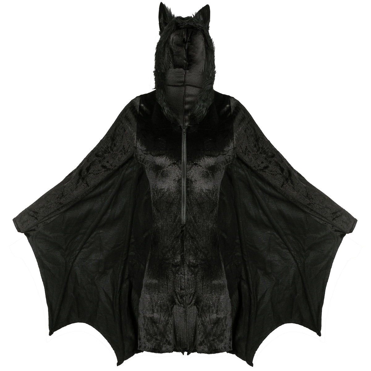 Black bat-shaped hooded cape coat with textured front and faux fur trim