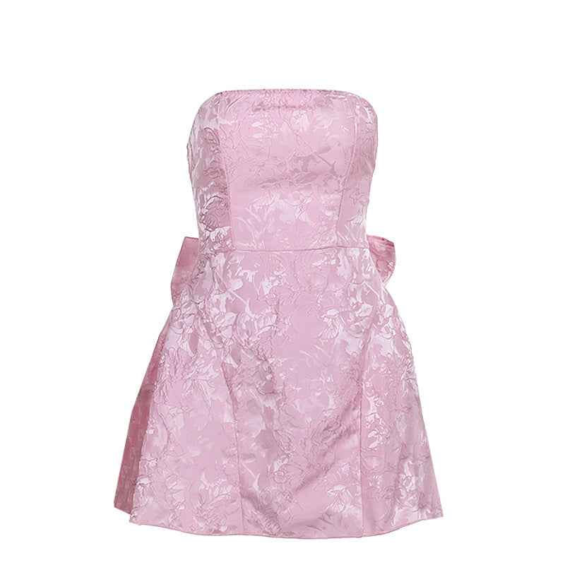 Jacquard Strapless Bow Mini Dress - A-Line Prom Gown
