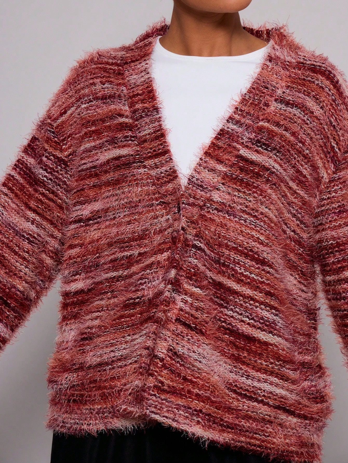 Melange Fleece Long Sleeve Cardigan - Vintage Deep V-Neck
