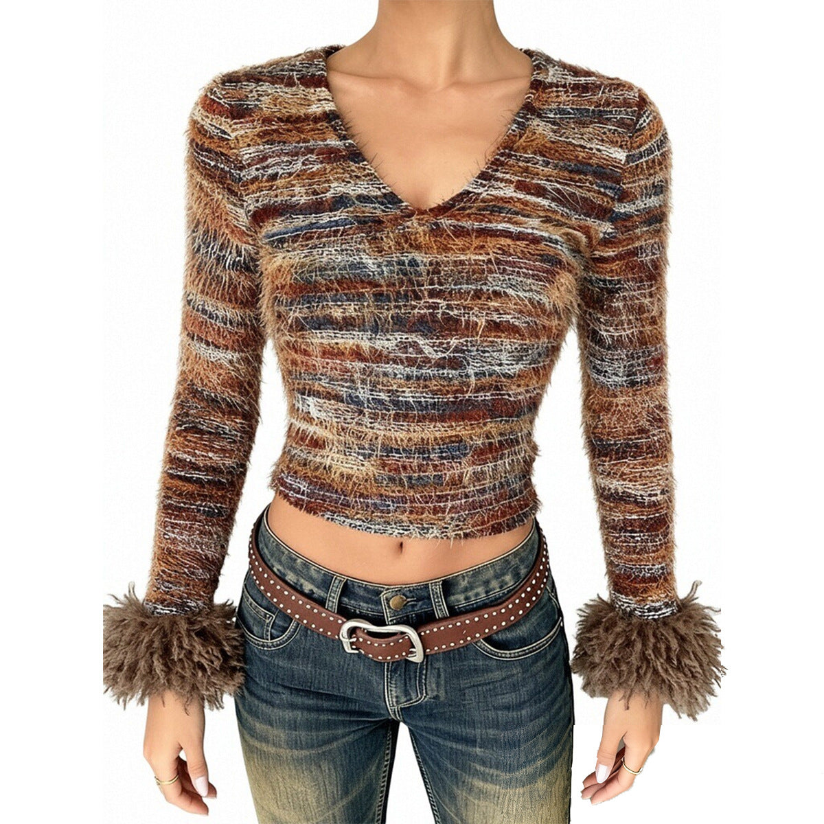 Open navel V-neck yarn dyed top for women