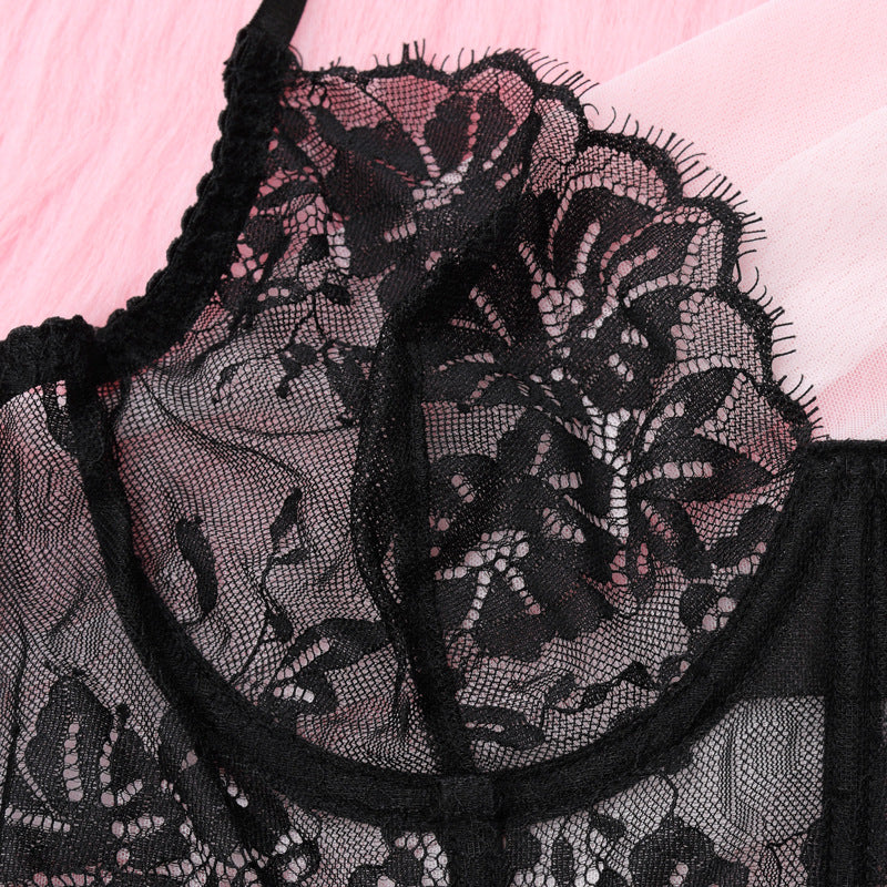 Black Floral Lace Lingerie Set - Longline Bra And Thong
