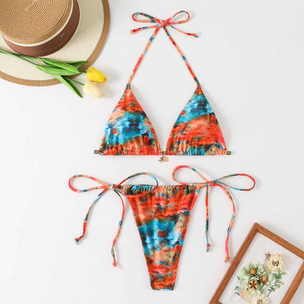 Halter Bikini - Printed Triangle Tie-Side - Fashions Envy
