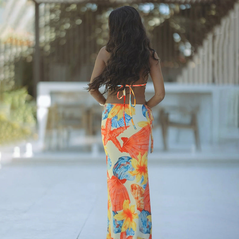 Three Piece Bikini Set - Tie Print Cover Up Beach - Fashions Envy