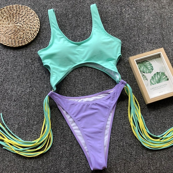 Cutout Monokini Swimsuit - Tassel Detail Halter - Fashions Envy
