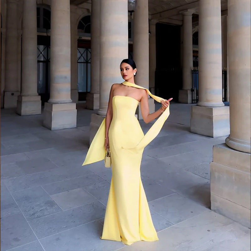 Strapless Ribbon-Trimmed Formal Gown - Fitted Sheath Dress