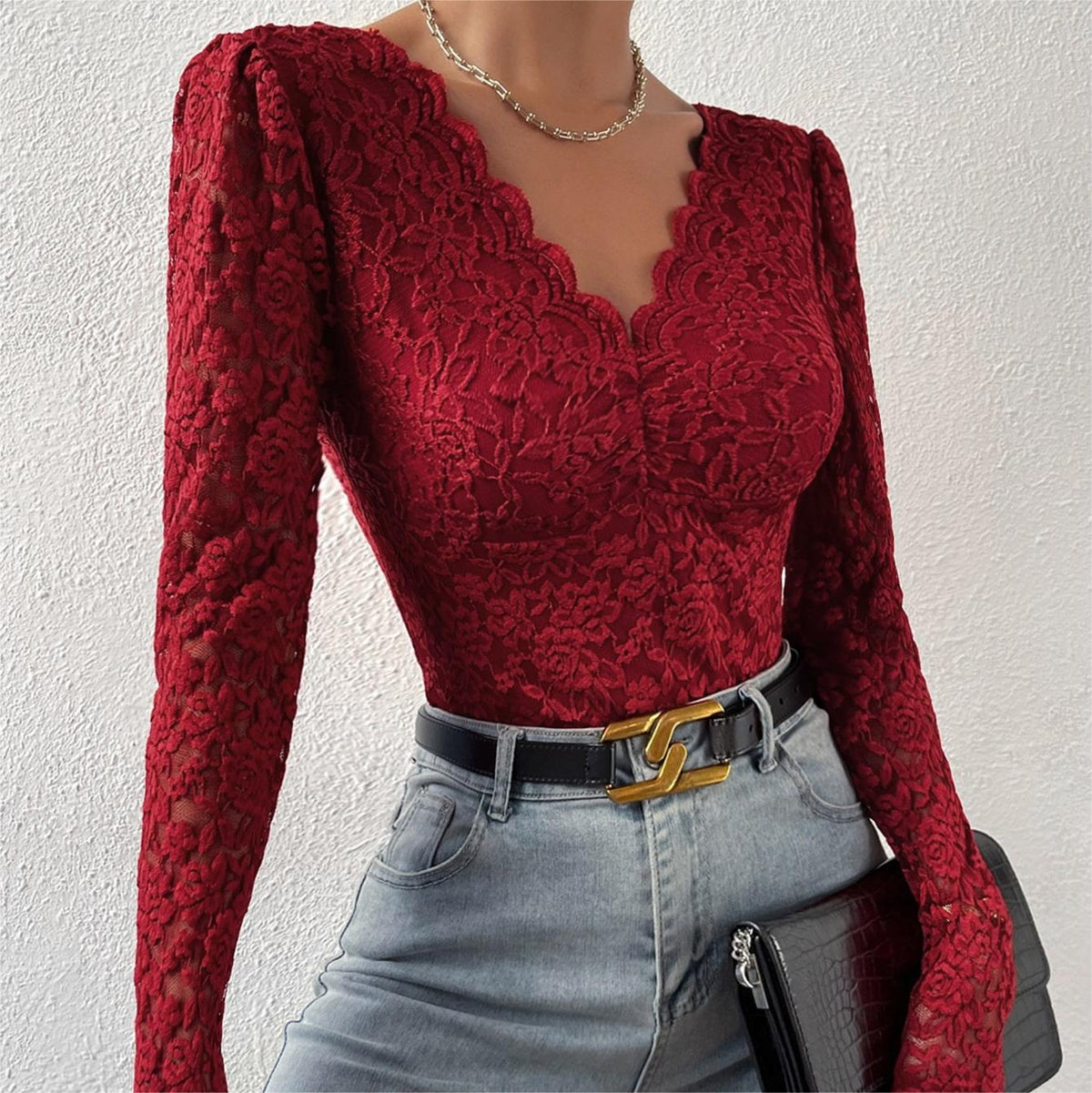 Wine red lace long-sleeve bodysuit with deep V neckline and scalloped lace