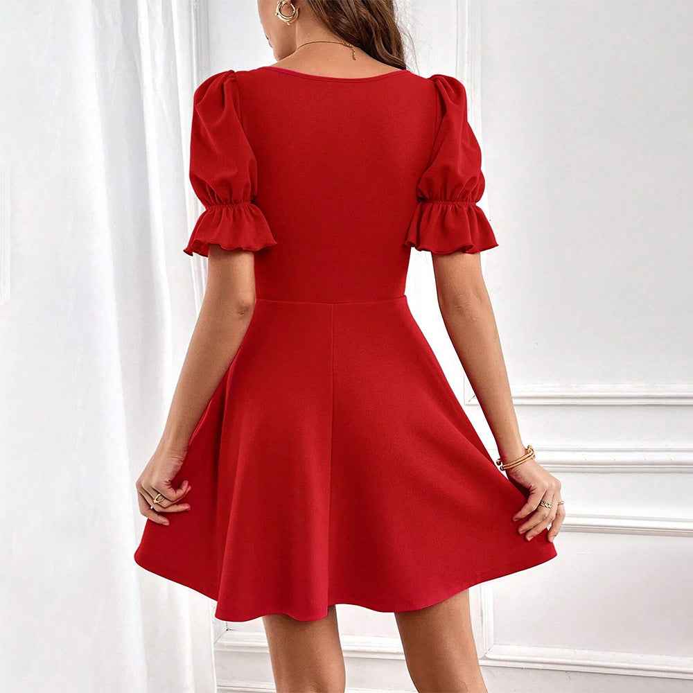 Red Square Neck Puff Sleeve Mini Dress - A-Line Ruffle Cuff