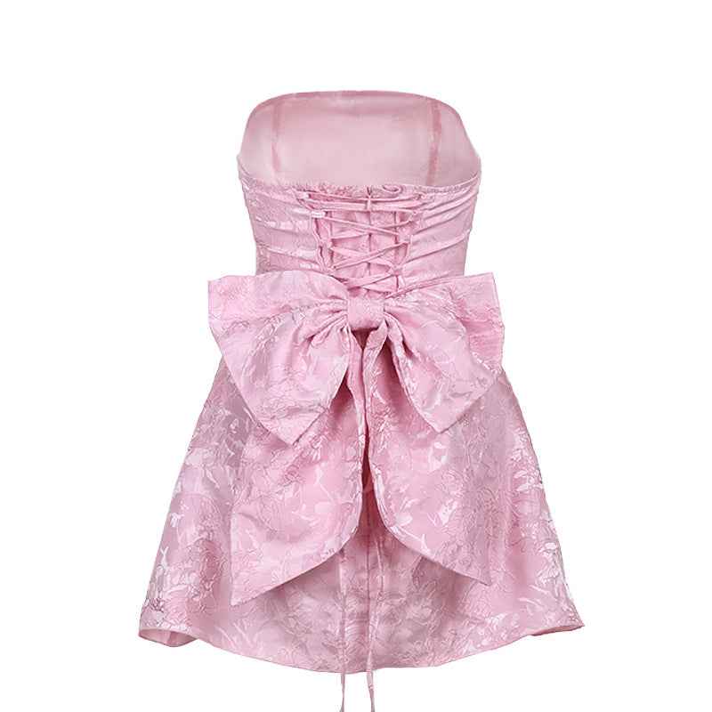 Jacquard Strapless Bow Mini Dress - A-Line Prom Gown