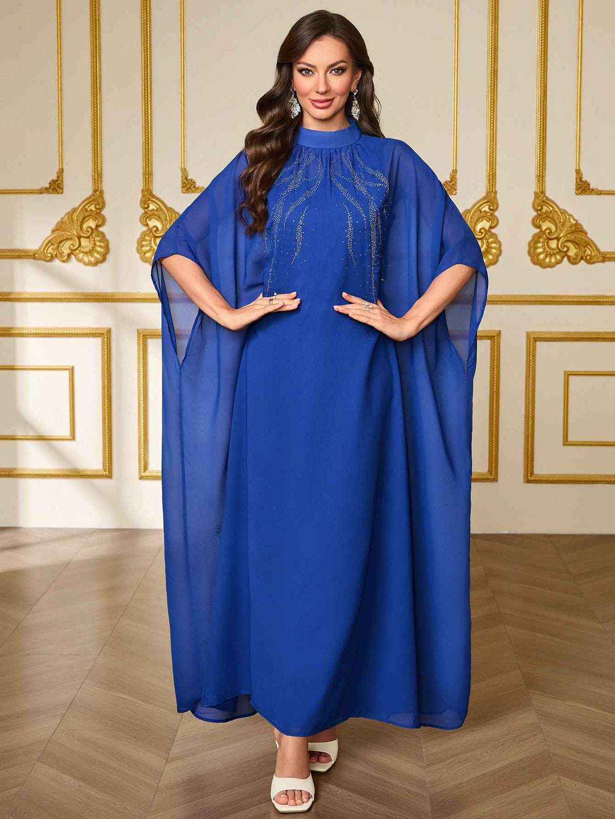 Royal Blue Cape Sleeve Maxi Gown - Rhinestone Bodice High Neck