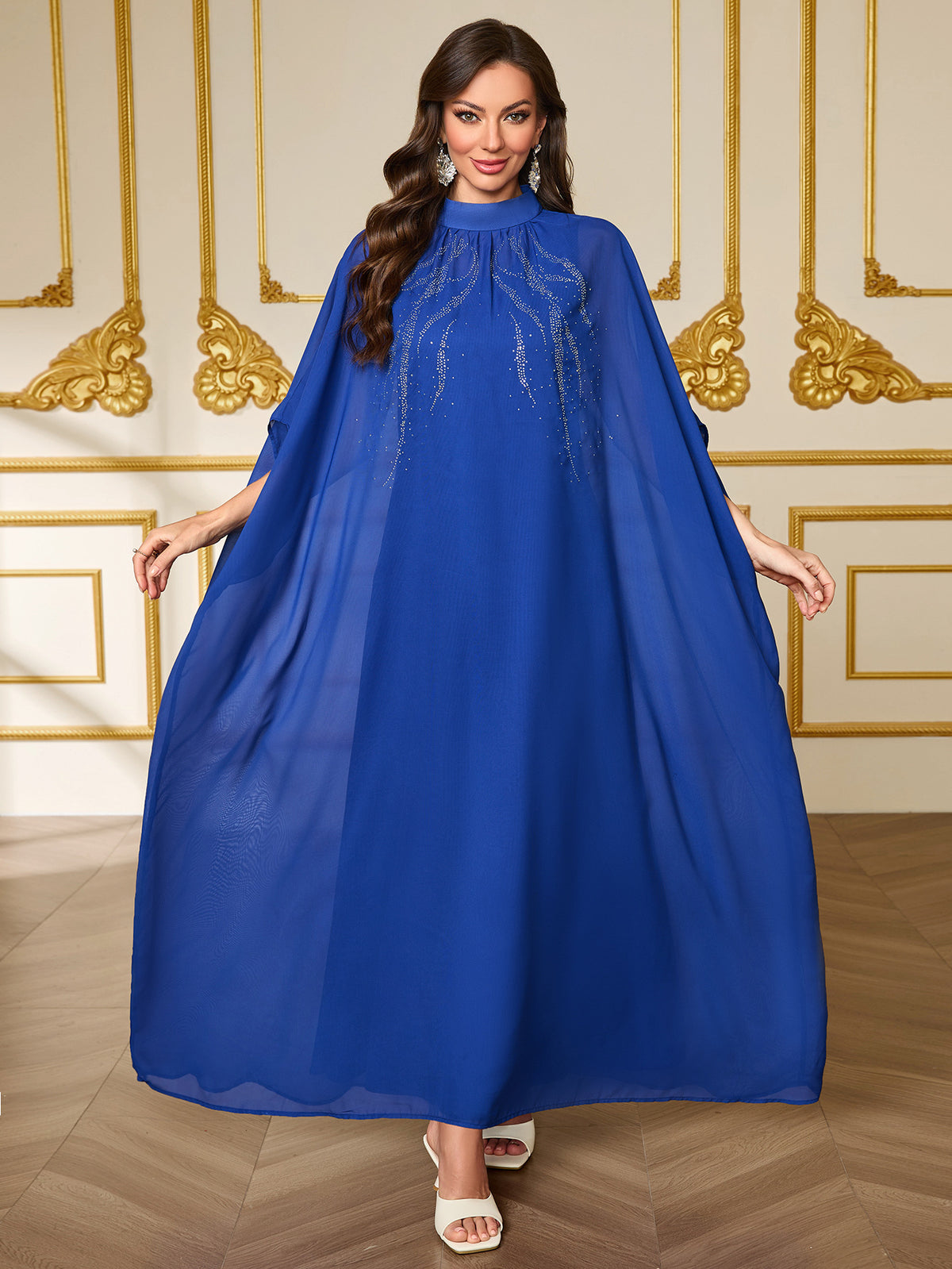 Royal Blue Cape Sleeve Maxi Gown - Rhinestone Bodice High Neck