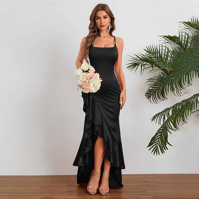 Satin Ruffle Hem Maxi Dress - Spaghetti Strap Asymmetric Slit Gown