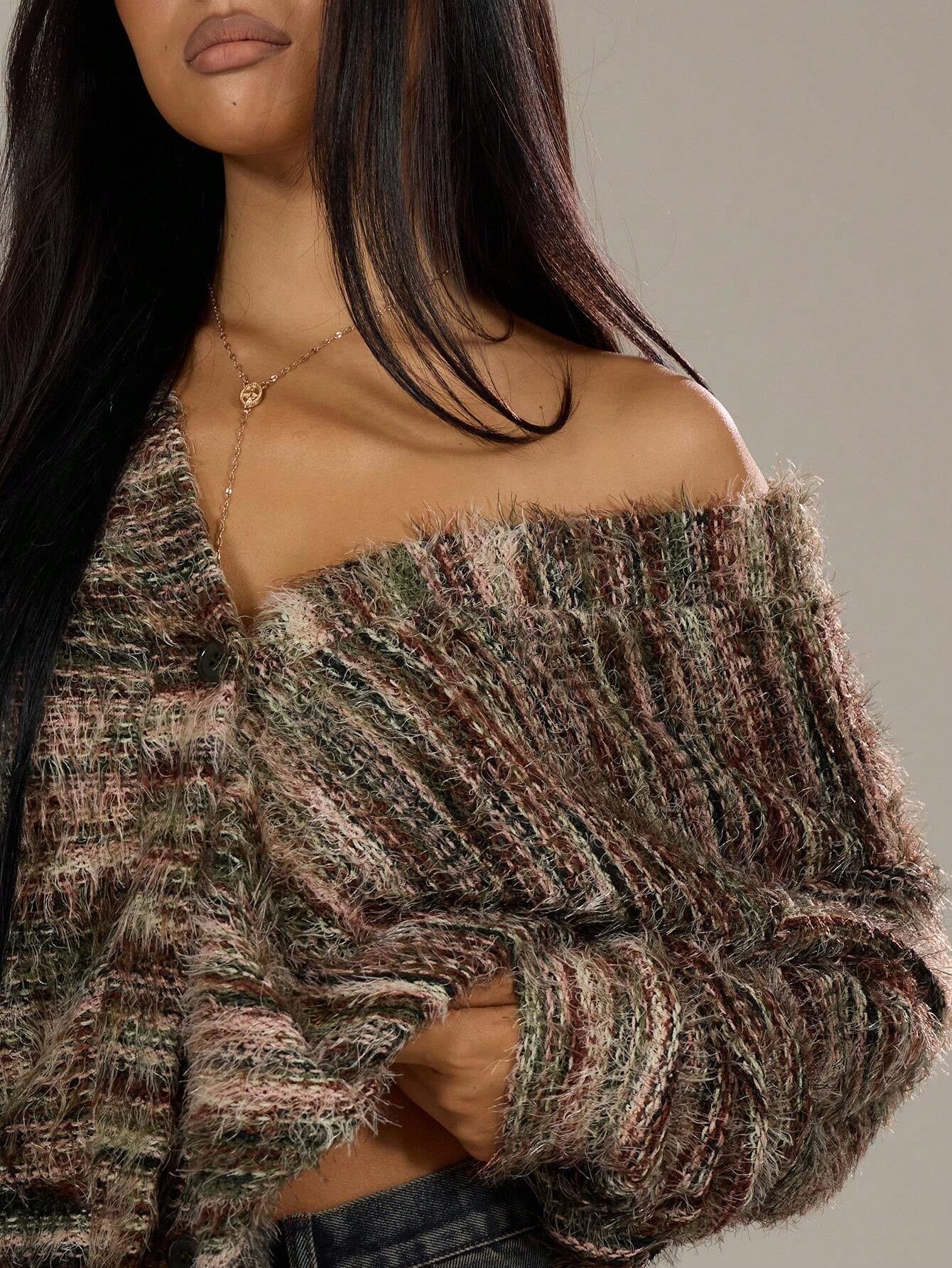 Melange Fleece Long Sleeve Cardigan - Vintage Deep V-Neck