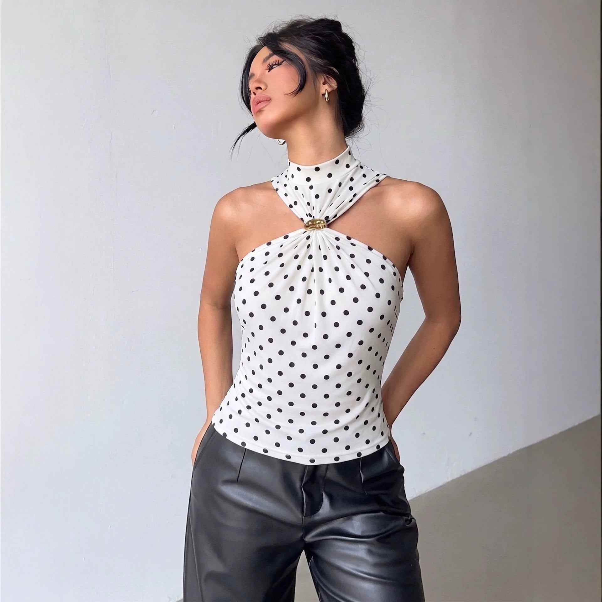 White Polka Dot Halter Top - Mock Neck Gold Brooch