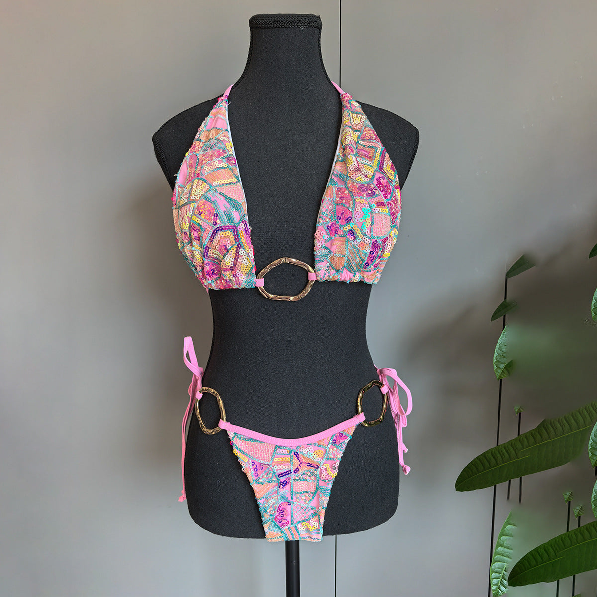 Pink Sequin Bikini Set - Matching Piped Sarong