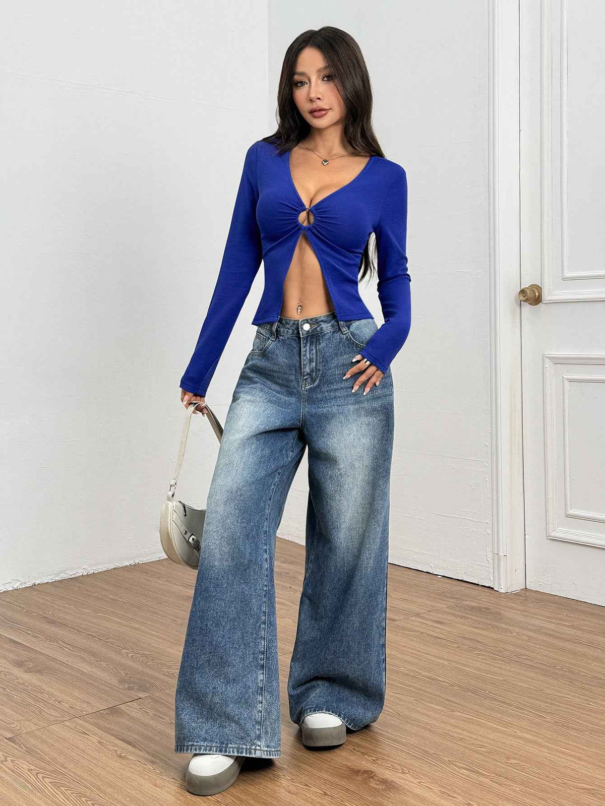 Blue O-Ring Cutout Crop Top - Deep V Long Sleeve Open Hem