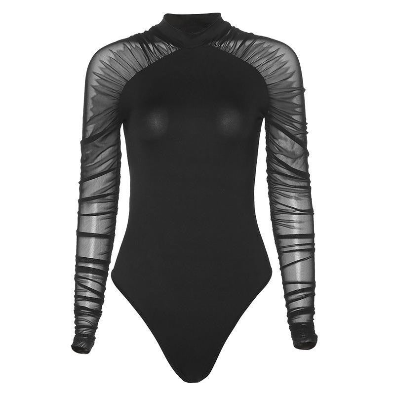 Black mock neck bodysuit with ruched sheer mesh sleeve panels