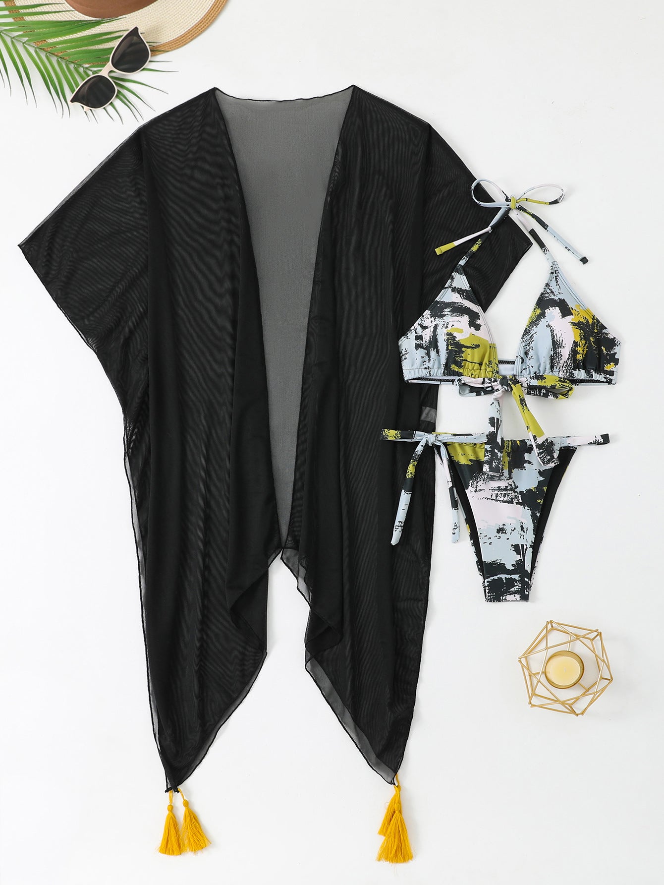 Black Mesh Cover-Up Bikini Set - 3 Piece Abstract Print