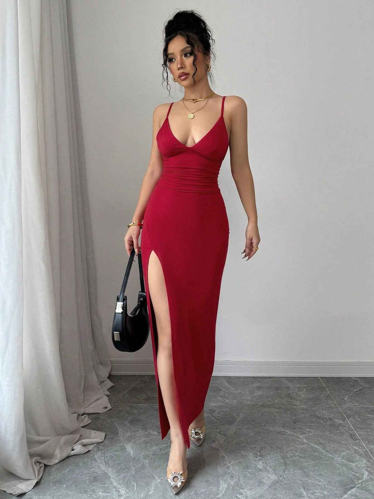 Red Spaghetti Strap Maxi Dress - Deep V Ruched Slit