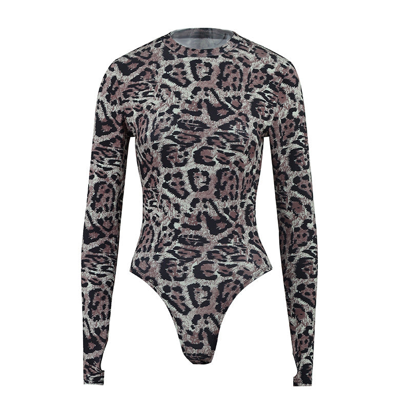 Leopard Print Mesh Top - Long Sleeve Sheer Fitted Bodysuit