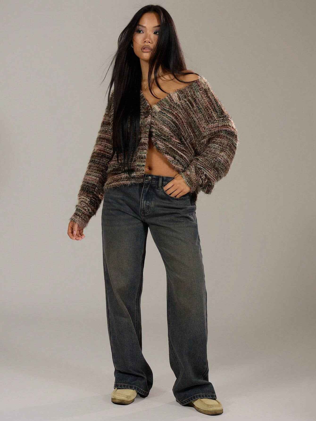 Melange Fleece Long Sleeve Cardigan - Vintage Deep V-Neck
