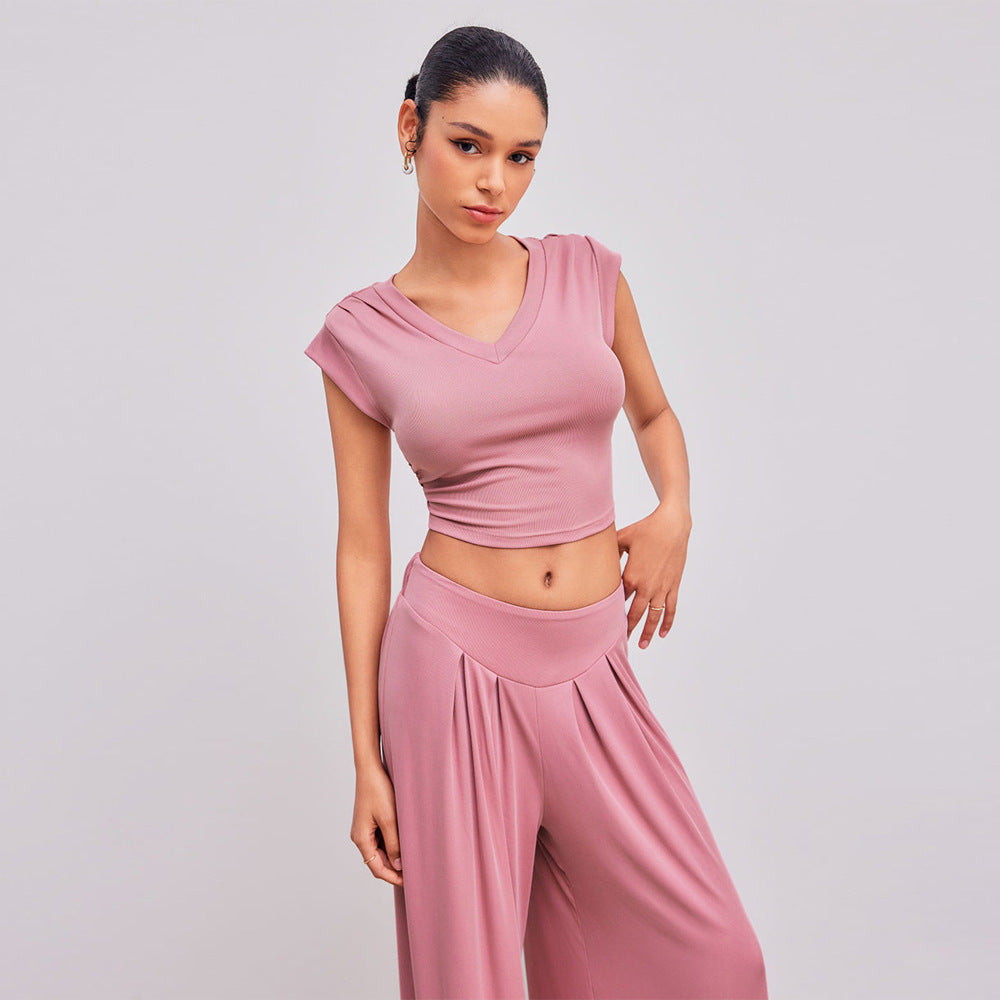 Pink V-Neck Crop Top Wide Leg Pants Set - Pleated Shoulder
