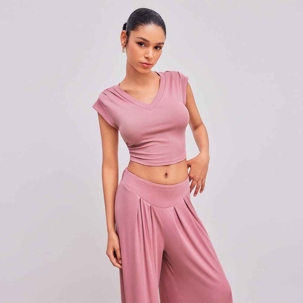 Pink V-Neck Crop Top Wide Leg Pants Set - Pleated Shoulder