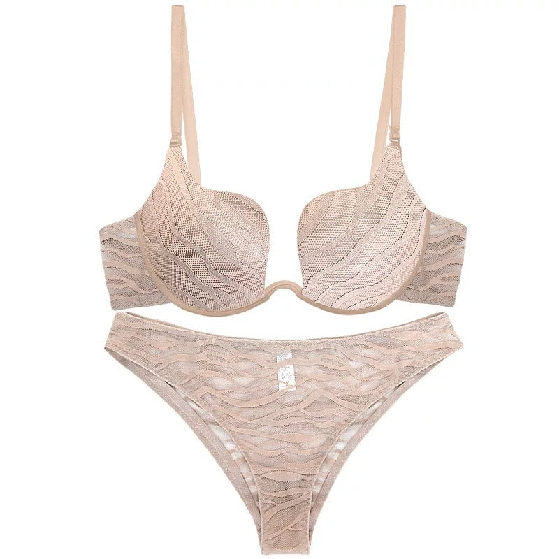Beige wavy mesh plunge bra and matching thong set with center ring detail