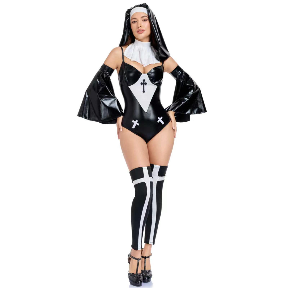 Black nun costume with white headpiece, cross bib front, cape sleeves, and striped leggings