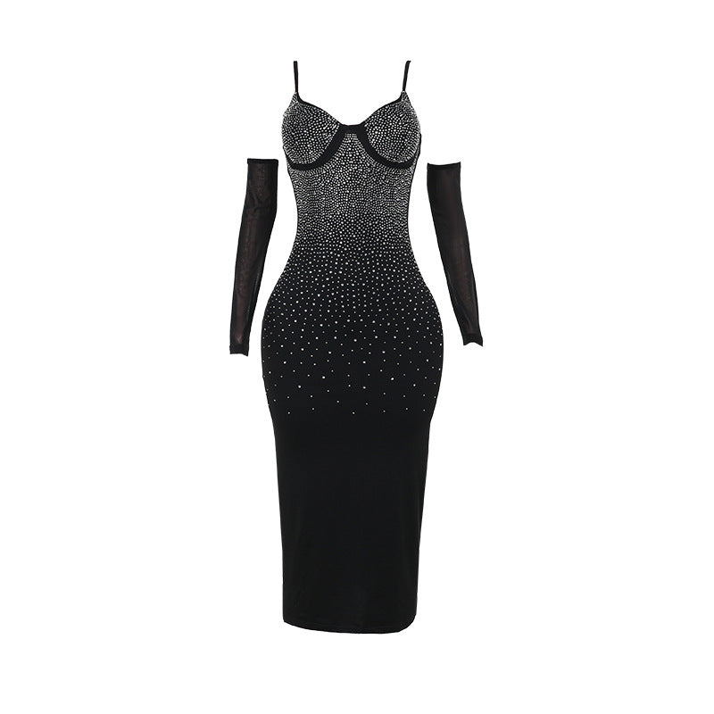 Bodycon Maxi Dress - Halter Diamond Embellished Slim Fit - Fashions Envy