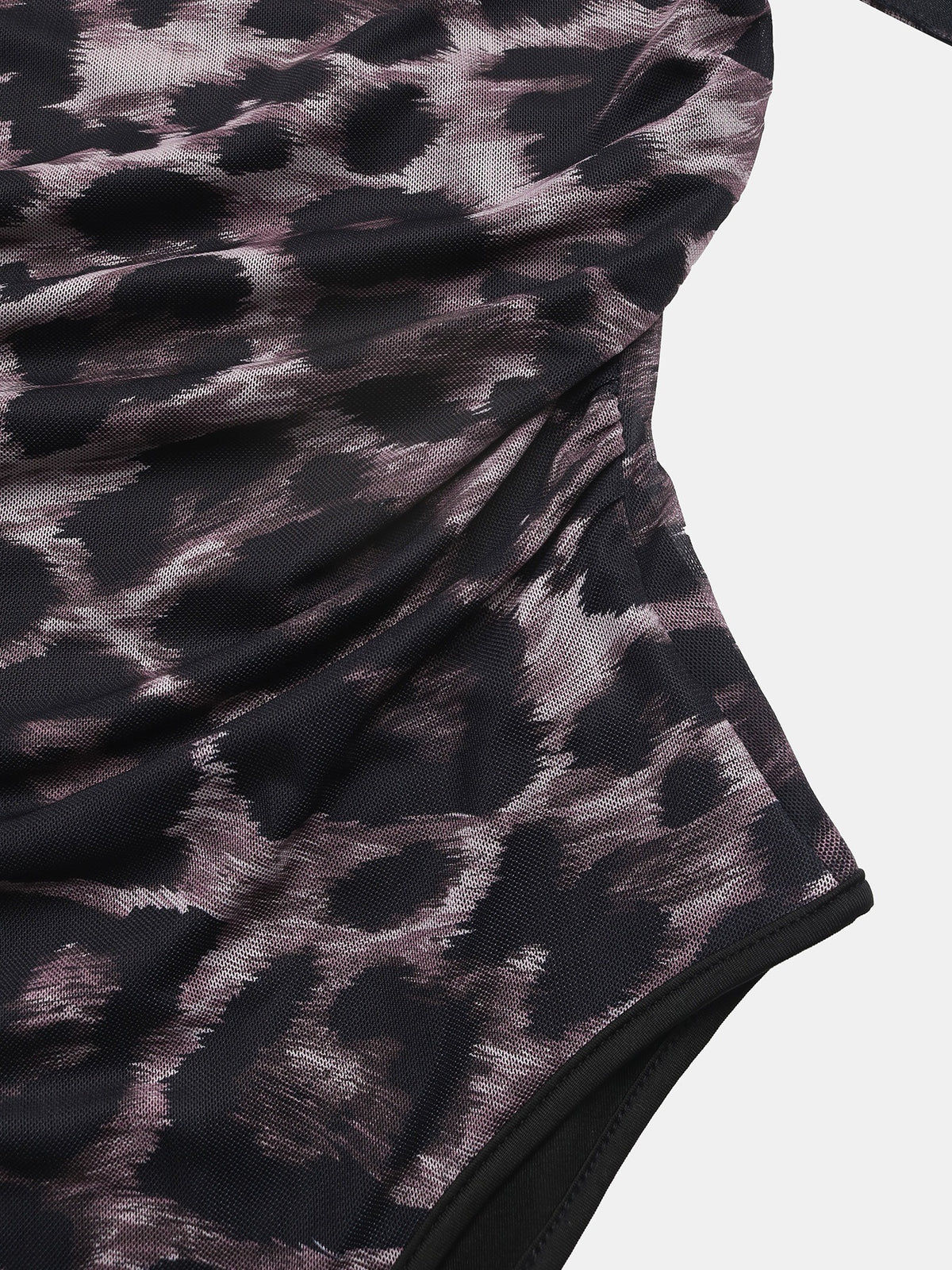 Leopard Print One Shoulder Mesh Bodysuit - Asymmetric Long Sleeve Ruched