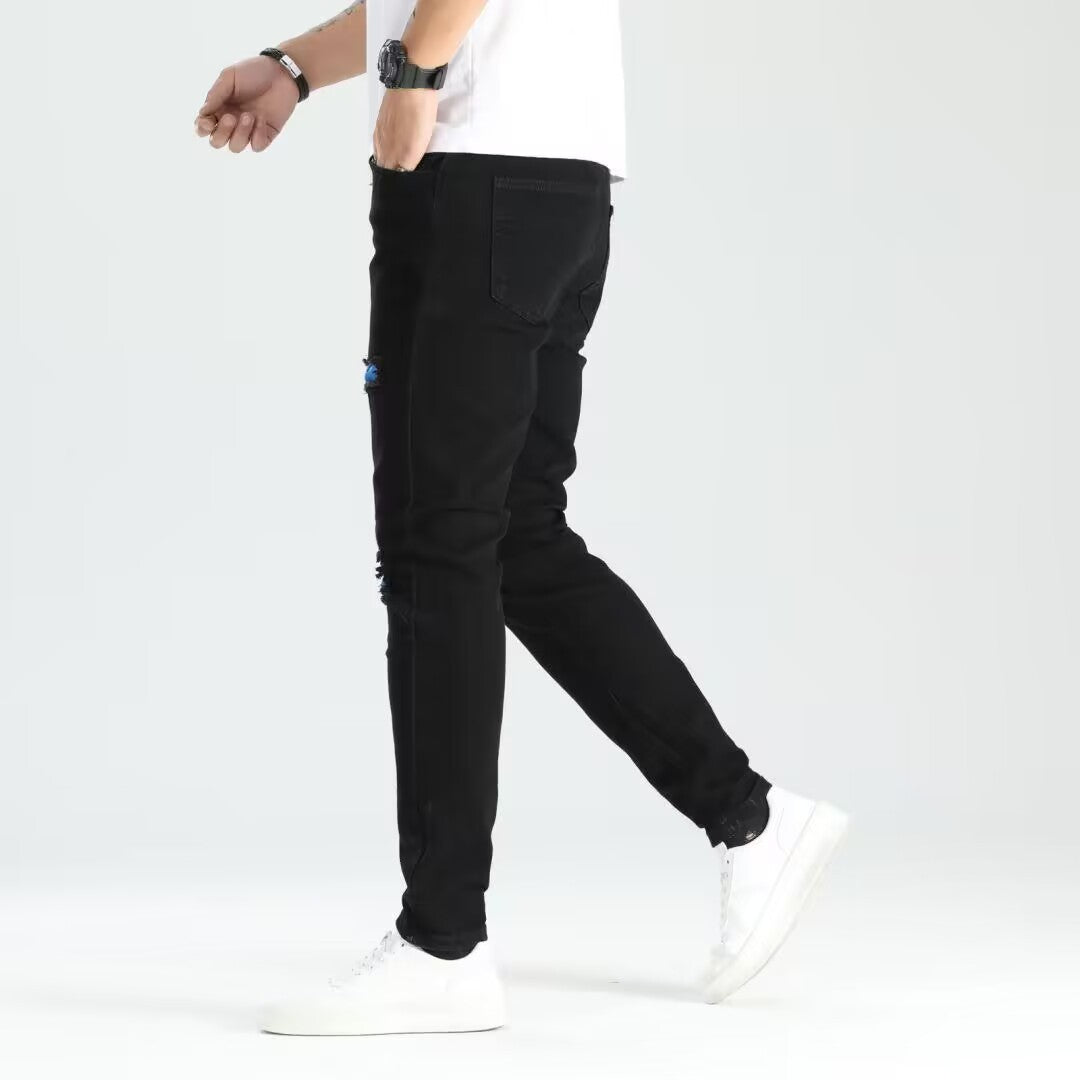 Men's Ripped Skinny Jeans - Contrast Patch Stretch Denim