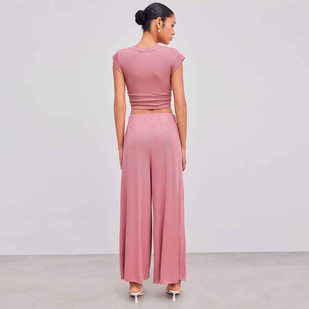 Pink V-Neck Crop Top Wide Leg Pants Set - Pleated Shoulder
